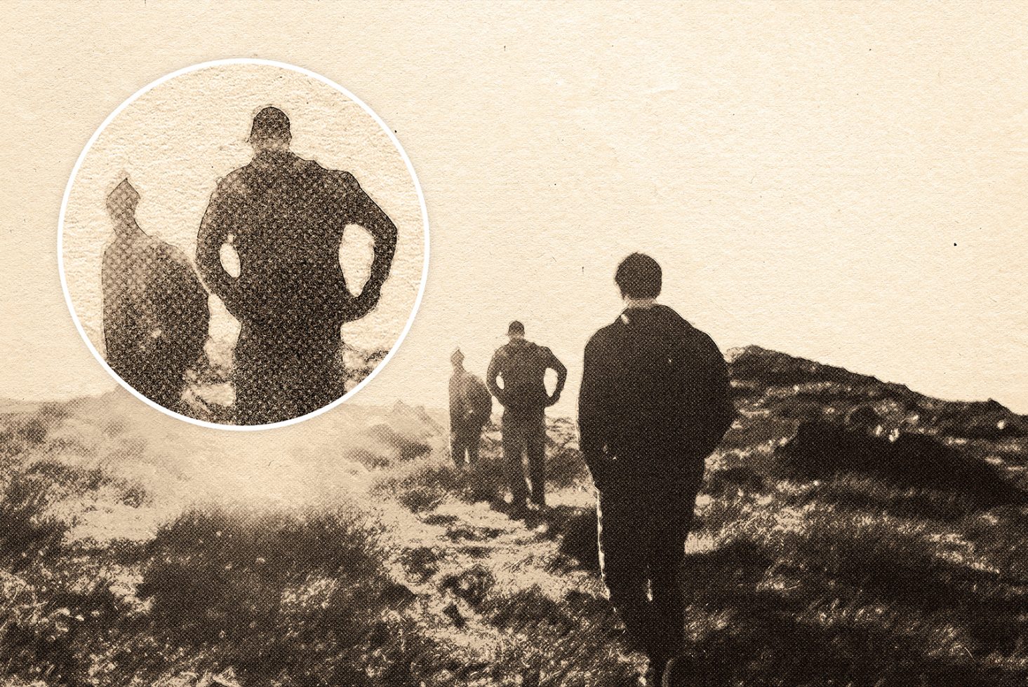 Vintage halftone photo effect mockup showing group of people hiking outdoor. Designers can use this template for retro-themed projects. High-quality graphics.