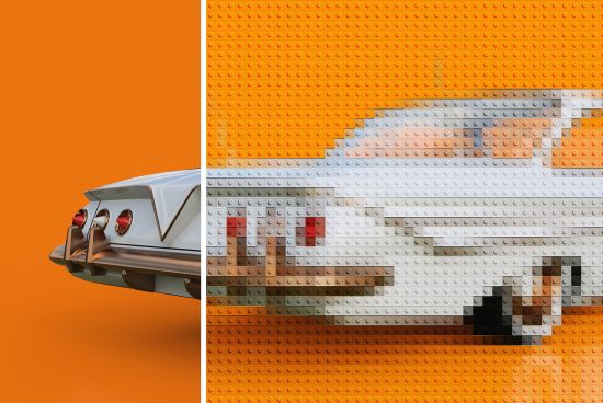 Digital mockup of a classic car and its pixelated version made from toy bricks on an orange background. Ideal for designers in need of unique creative assets.