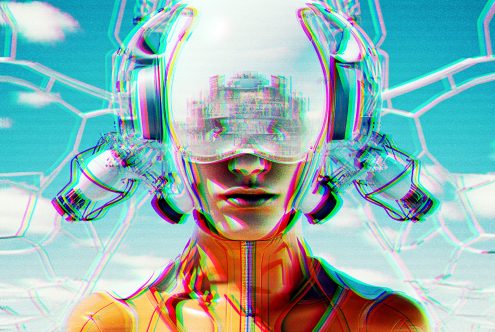 Futuristic digital artwork of a person wearing a high-tech helmet, surrounded by glitches and vivid colors, suitable for graphic design or digital art assets.