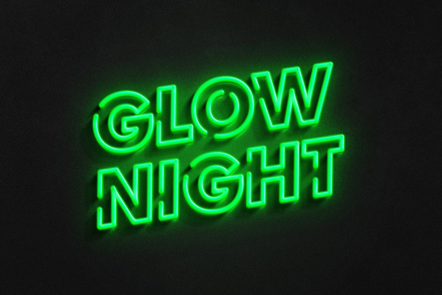 Neon text graphic with the words Glow Night in bright green on a dark background ideal for designers digital assets typography mockups templates and graphics