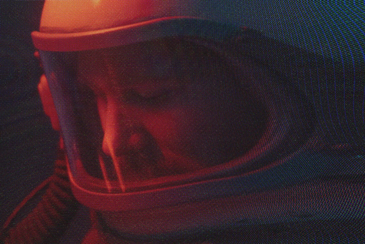 Digital graphic of an astronaut in a helmet with red, cyan pixelated effect ideal for sci-fi themed templates, graphic projects, and design mockups