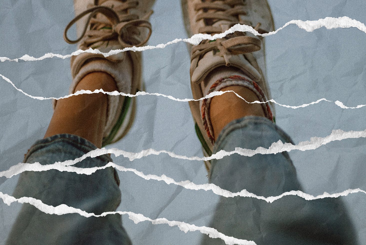 Digital mockup with torn paper textures featuring casual sneakers and jeans, perfect for design projects, backgrounds, and templates for designers