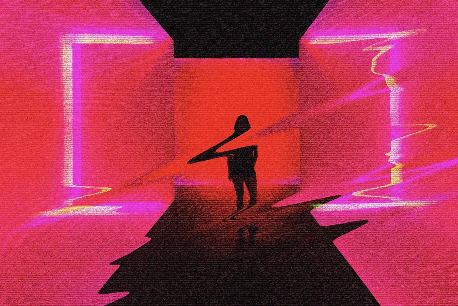 Surreal digital graphic with glitch effect silhouette of a person in a neon-lit surreal corridor perfect for designers looking for unique graphics and templates