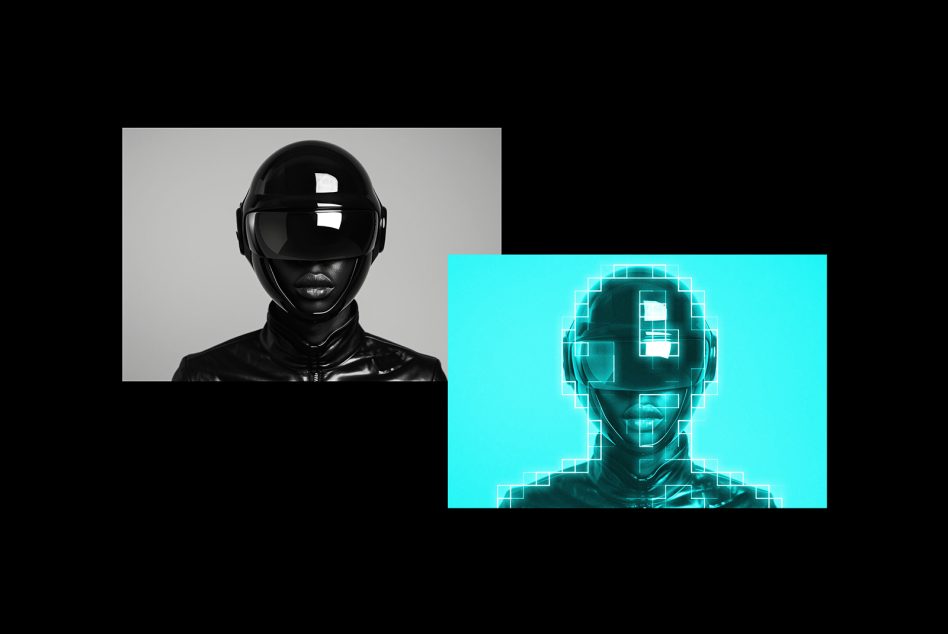 Digital futuristic mockup featuring a person wearing a black helmet and leather outfit with a contrasting neon-glitched version on the side for designers.