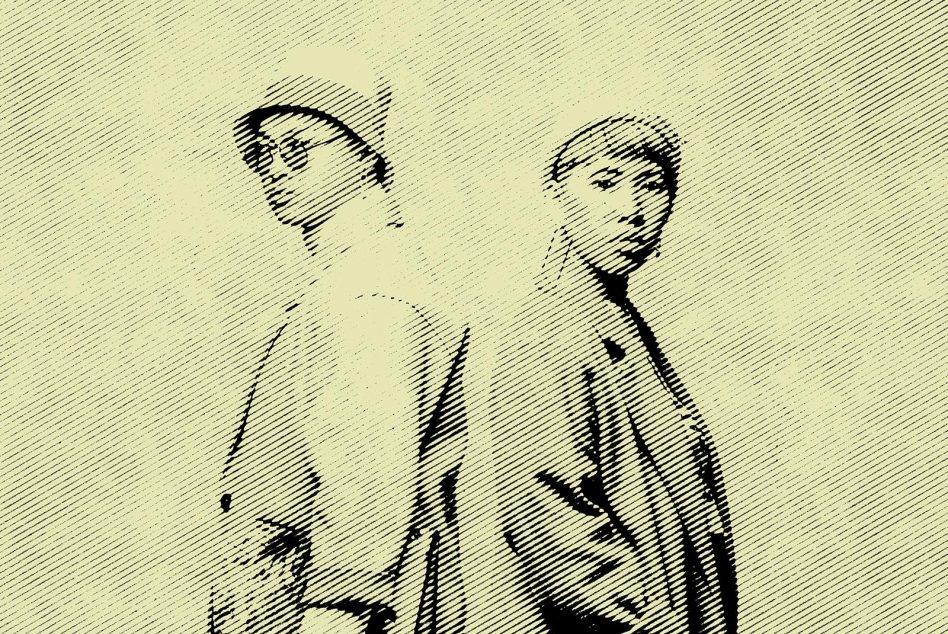 Halftone graphic of two people standing back to back in retro attire on a light background. Perfect for graphic designers and digital artists.