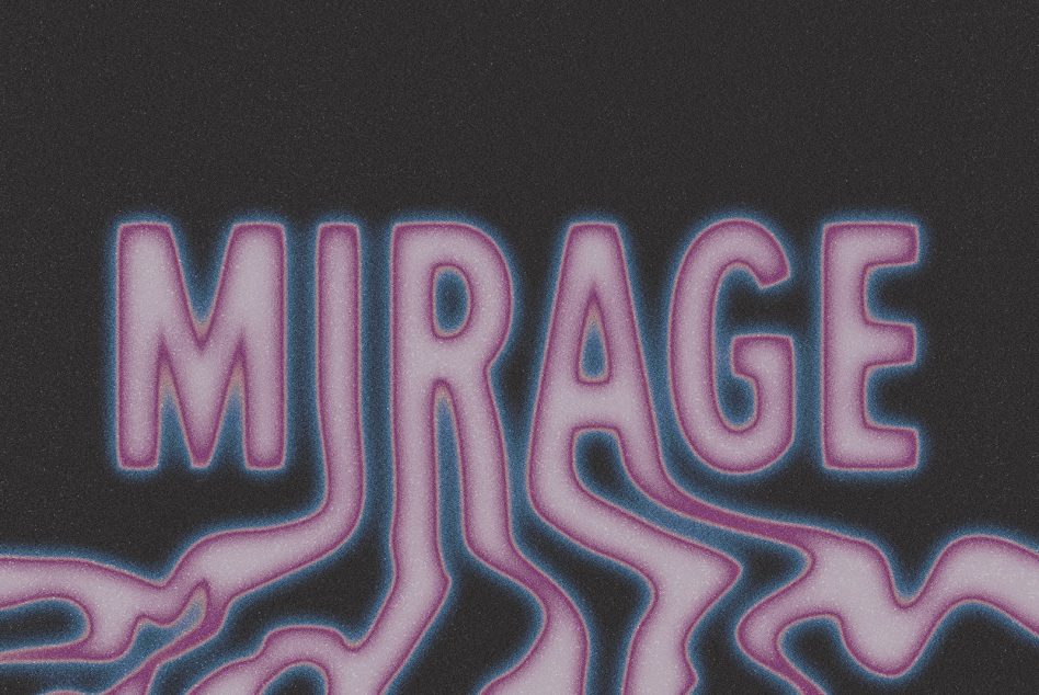 Distorted text effect with the word MIRAGE in pink with blue outline against black background suitable for templates mockups and graphic design assets.