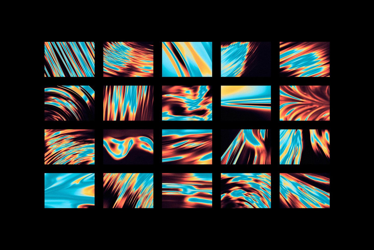 Set of 18 vibrant abstract graphic templates with fluid motion patterns in blue orange hues perfect for designers looking for dynamic visual assets.