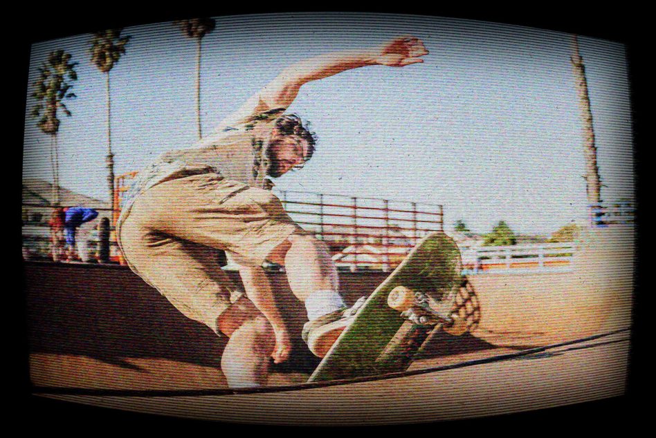 Vintage-style mockup of a skateboarder performing a trick at a skate park with tall palm trees in the background ideal for graphic design and templates.