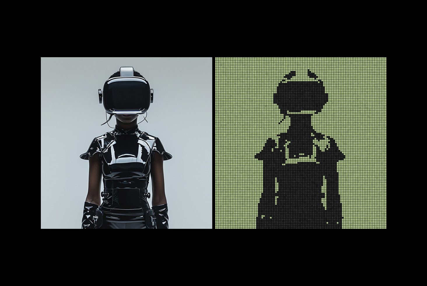 A futuristic character wearing VR gear rendered in a detailed digital illustration and pixel art style. Keywords: Graphics, Templates, Mockups, Digital Art.