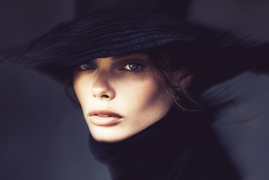 Close-up portrait of a woman in a dark hat with dramatic lighting suitable for digital art and design projects. Perfect for use in mockups and templates.