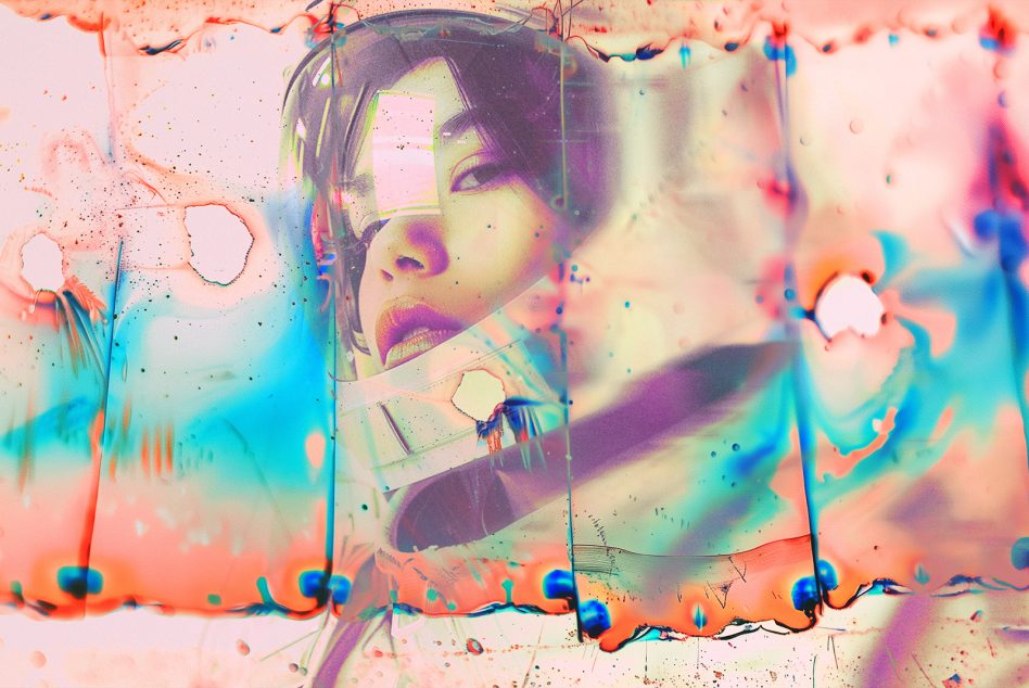 Colorful abstract digital art featuring a woman's face blended with vibrant hues and textures perfect for graphics projects or digital design mockups.