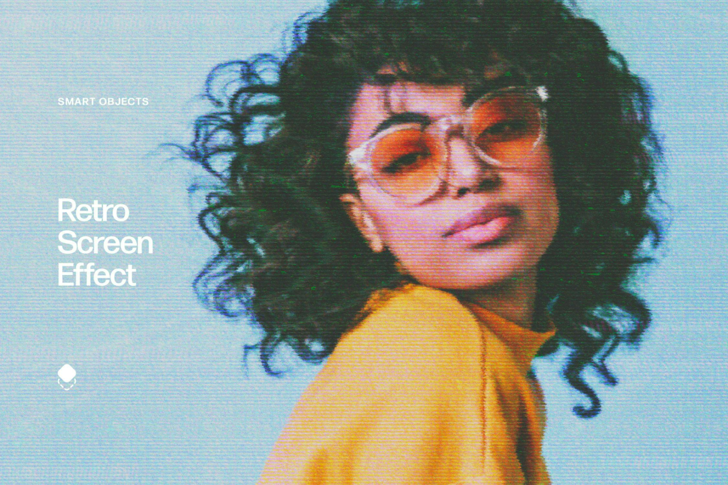 Retro screen effect template for designers featuring a woman with curly hair and orange sunglasses. Suitable for creating vintage-inspired graphics.