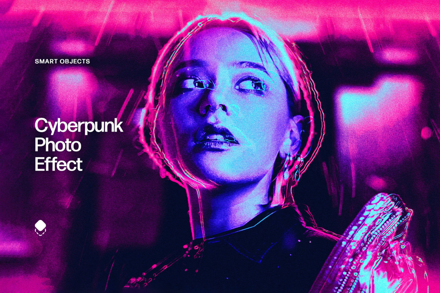 Cyberpunk photo effect template featuring neon colors and glitch textures perfect for digital artists and designers. Ideal for graphics and mockups.