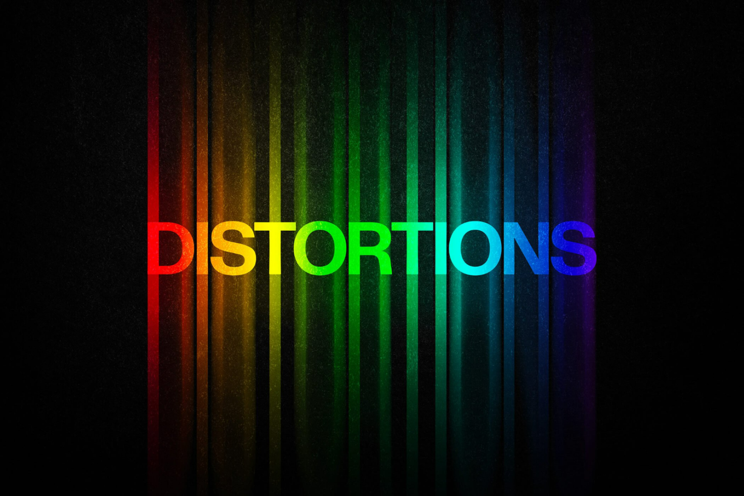 Rainbow gradient text effect displaying the word Distortions with a distorted background mockup for designers suitable for graphics and templates marketplace.