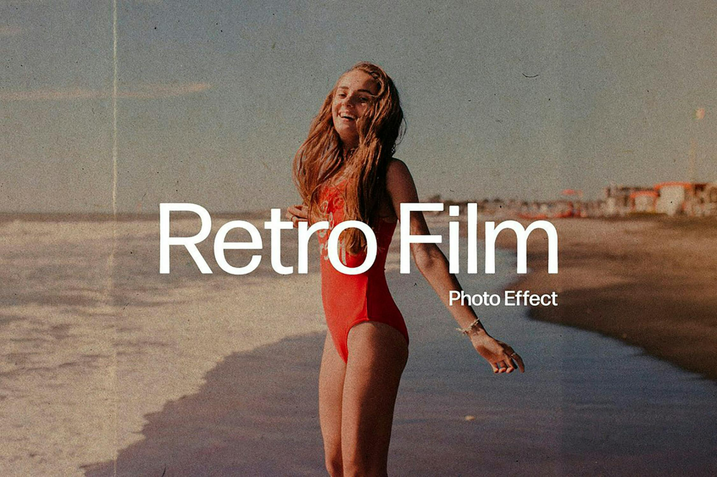 Retro Film Photo Effect template showing a smiling woman on the beach in a red swimsuit perfect for designers looking to add vintage aesthetics to images.