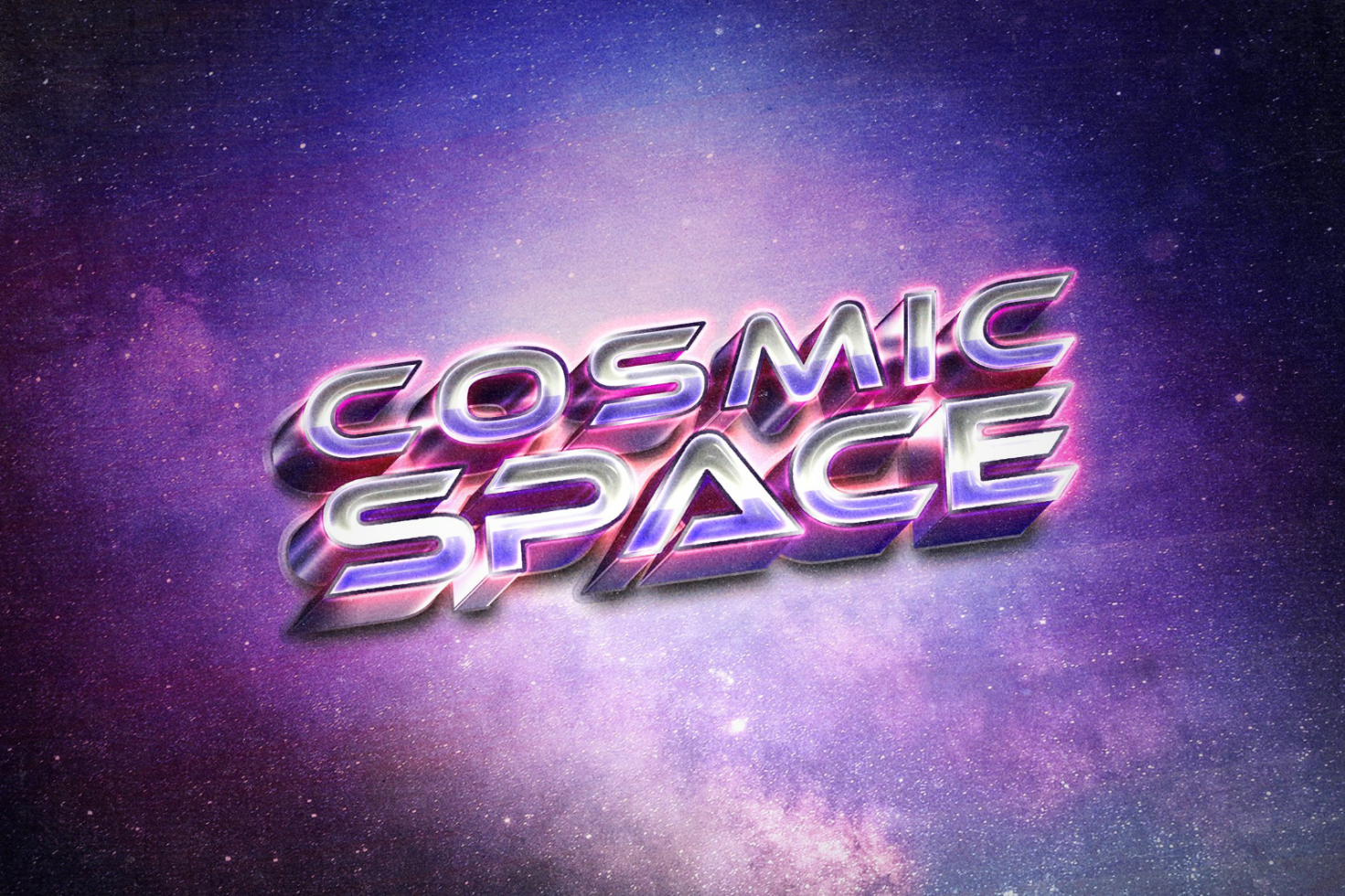 Cosmic space text effect with futuristic 3D lettering and vibrant colors on a galaxy background ideal for sci-fi themed graphics digital assets or templates.