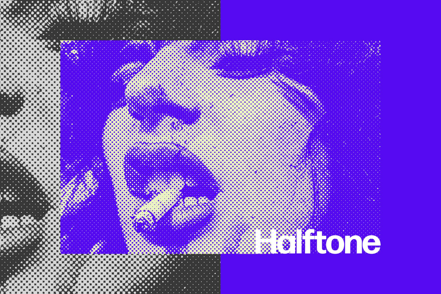 Halftone graphic design of person smoking with purple and black color scheme. Ideal for digital assets, templates, mockups, retro or vintage graphics for designers.