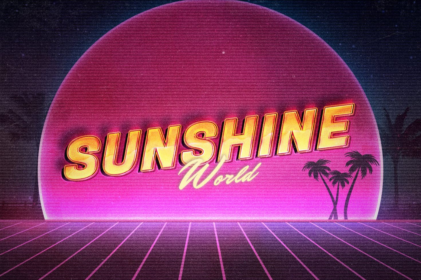 Retro style text graphic Sunshine World with a neon pink and purple gradient background featuring palm trees and a grid pattern. Ideal for font and templates.