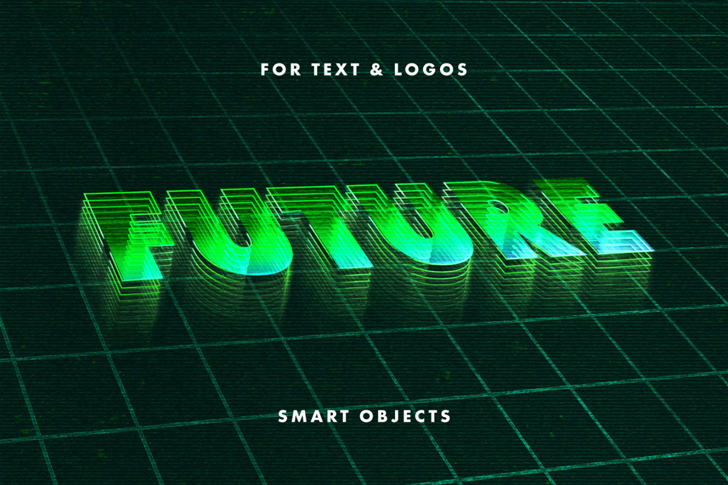 Futuristic text graphic mockup in green hologram style on a grid background for designers. Ideal for creating logos and branding with smart object layers.