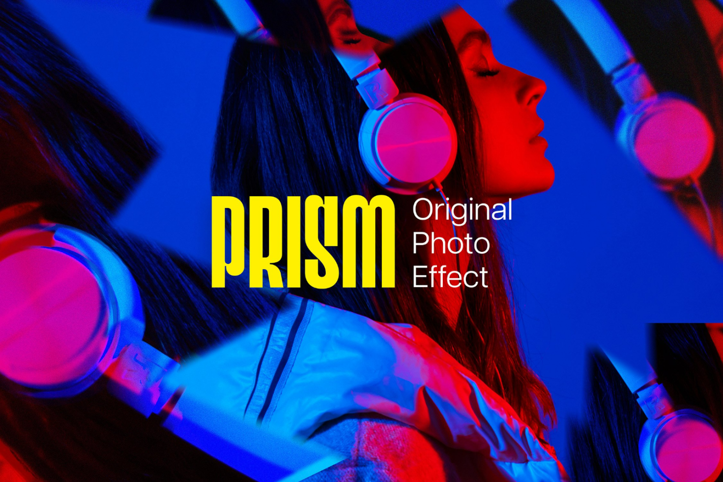 Prism photo effect for designers featuring a female with headphones in vibrant red and blue tones. Ideal for trendy graphic design projects and templates.