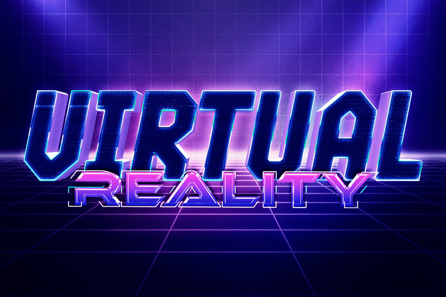 Retro-futuristic neon text effect reading Virtual Reality in bold 3D letters with a grid background perfect for digital graphic design mockups and templates.