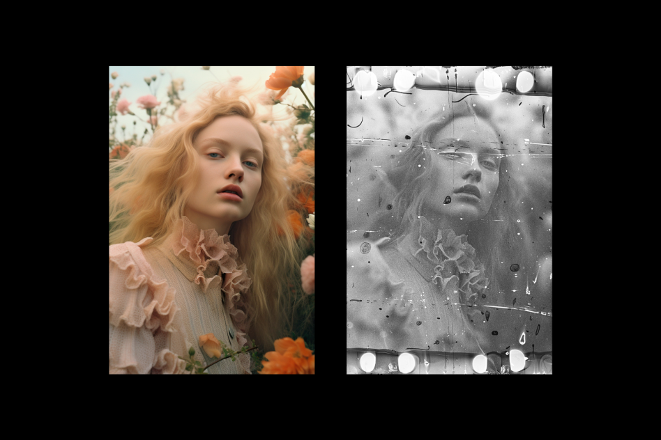 Diptych photograph showing a woman with wavy blonde hair in floral setting left, and vintage-style black-and-white overlay right. Perfect for design templates.