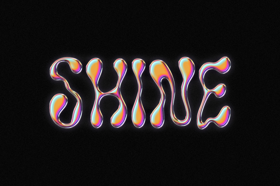 3D iridescent font displaying the word SHINE against a black background suitable for graphic design assets mockups fonts templates and digital art SEO friendly