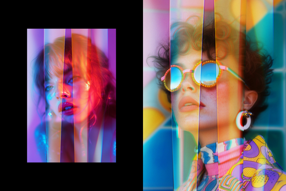 Double exposure portrait mockup with vibrant colors featuring two stylish individuals. Perfect for graphic designers and digital artists seeking creative templates.