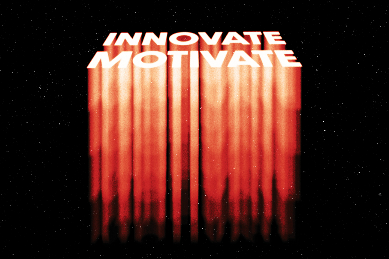 Retro style graphic with the words Innovate Motivate in bold white text, red vertical gradient, black space background. Graphic design asset for designers.