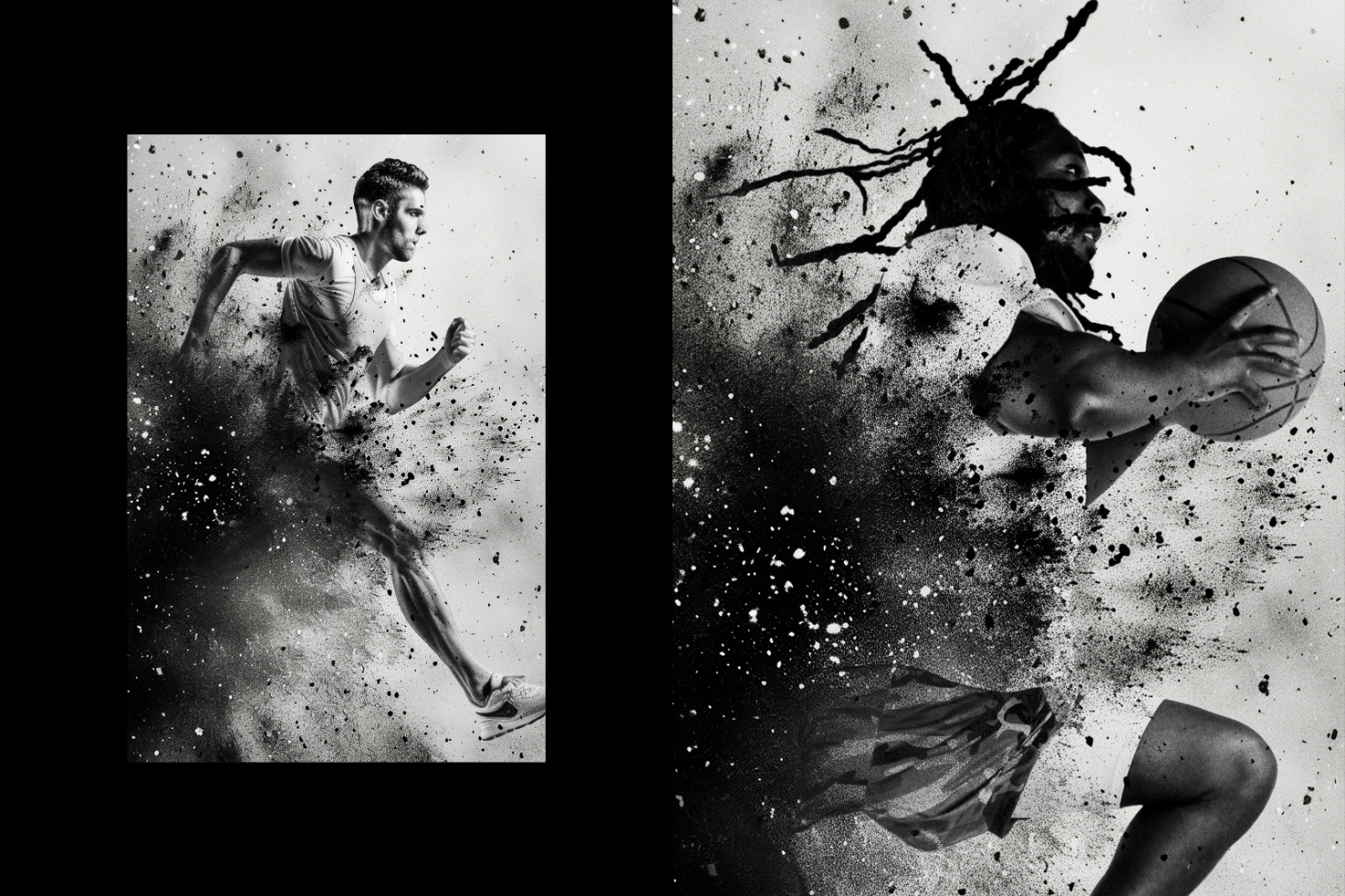 Dynamic black and white sports-themed digital art featuring a runner and basketball player, ideal for graphic design, templates, sports mockups, and creative use.