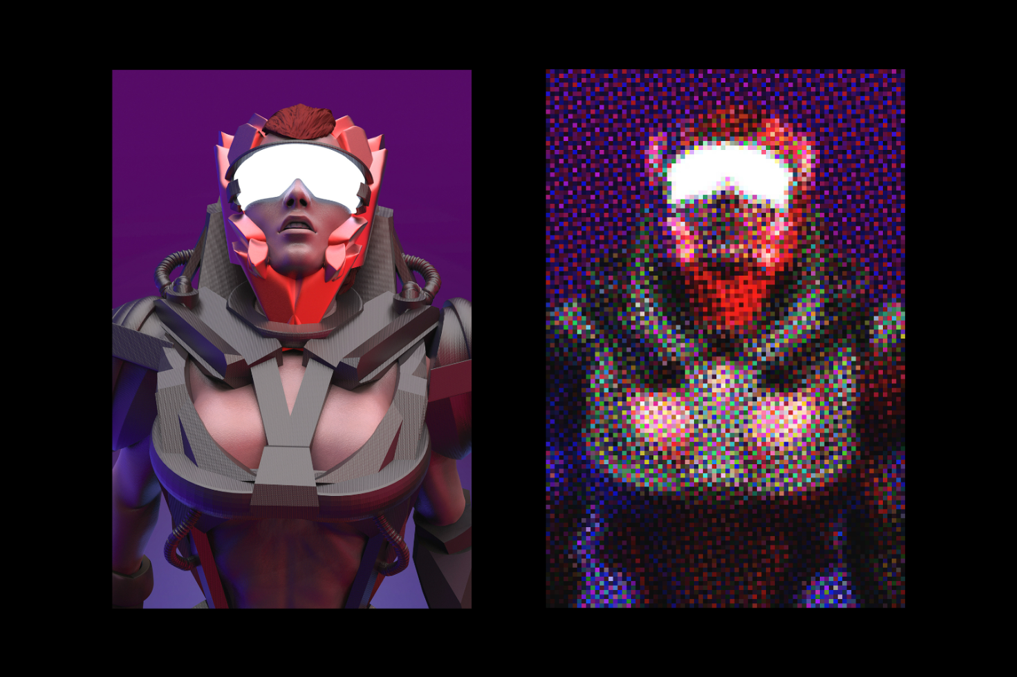 Digital 3D character with futuristic armor and visor in two versions: high-resolution render and pixelated. Ideal for sci-fi graphics and design templates.