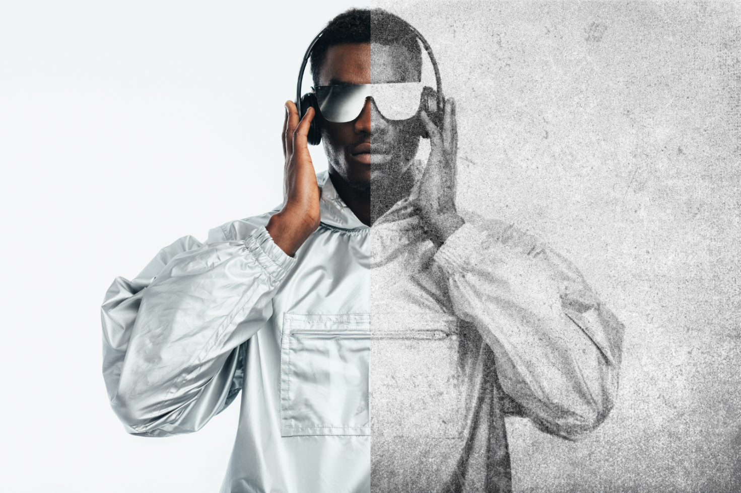 Digital art man wearing headphones with silver jacket half in color half in grayscale for graphic design mockup designer templates creative asset marketplace