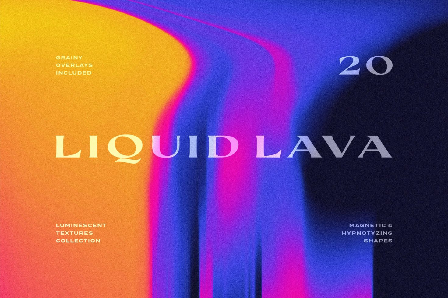 Liquid Lava luminescent textures collection: 20 magnetic and hypnotizing shapes, vibrant colors, grainy overlays. Perfect for creative graphics, mockups, and templates.