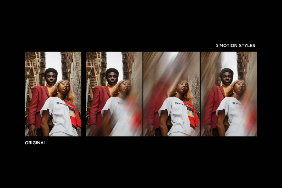 Images of two people in an urban alley with three motion blur effects. Suitable for designers seeking graphics, photo effects, photo templates, and mockups.