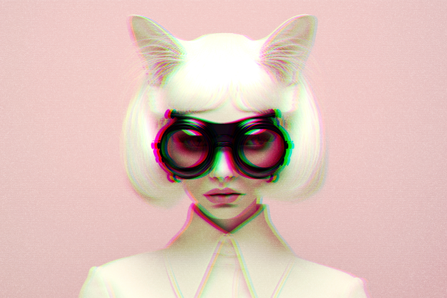 Surreal digital artwork of a woman with cat ears and large goggles glitch effect design perfect for graphics or templates ideal for designers and creative projects.