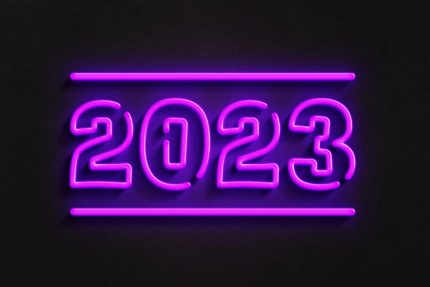 Neon 2023 sign in purple glowing font on black background ideal for designers seeking modern typography mockups templates digital art or graphic design assets