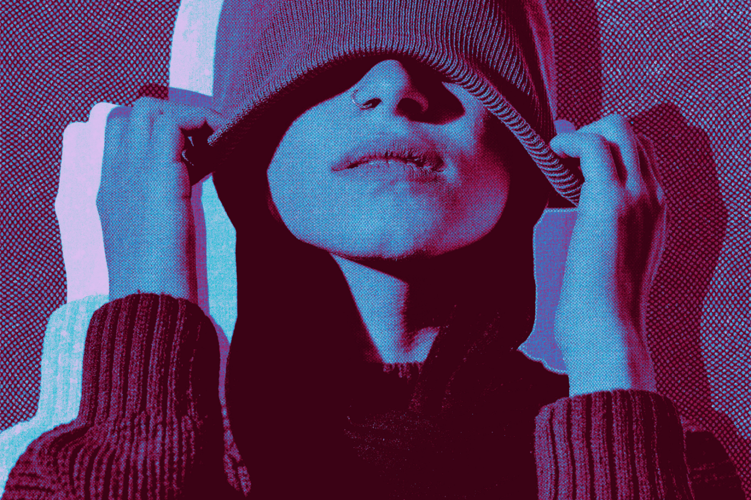 Pop art style image of person pulling hat over face, perfect for graphic design templates or mockups, vibrant colors, creative resource for designers.