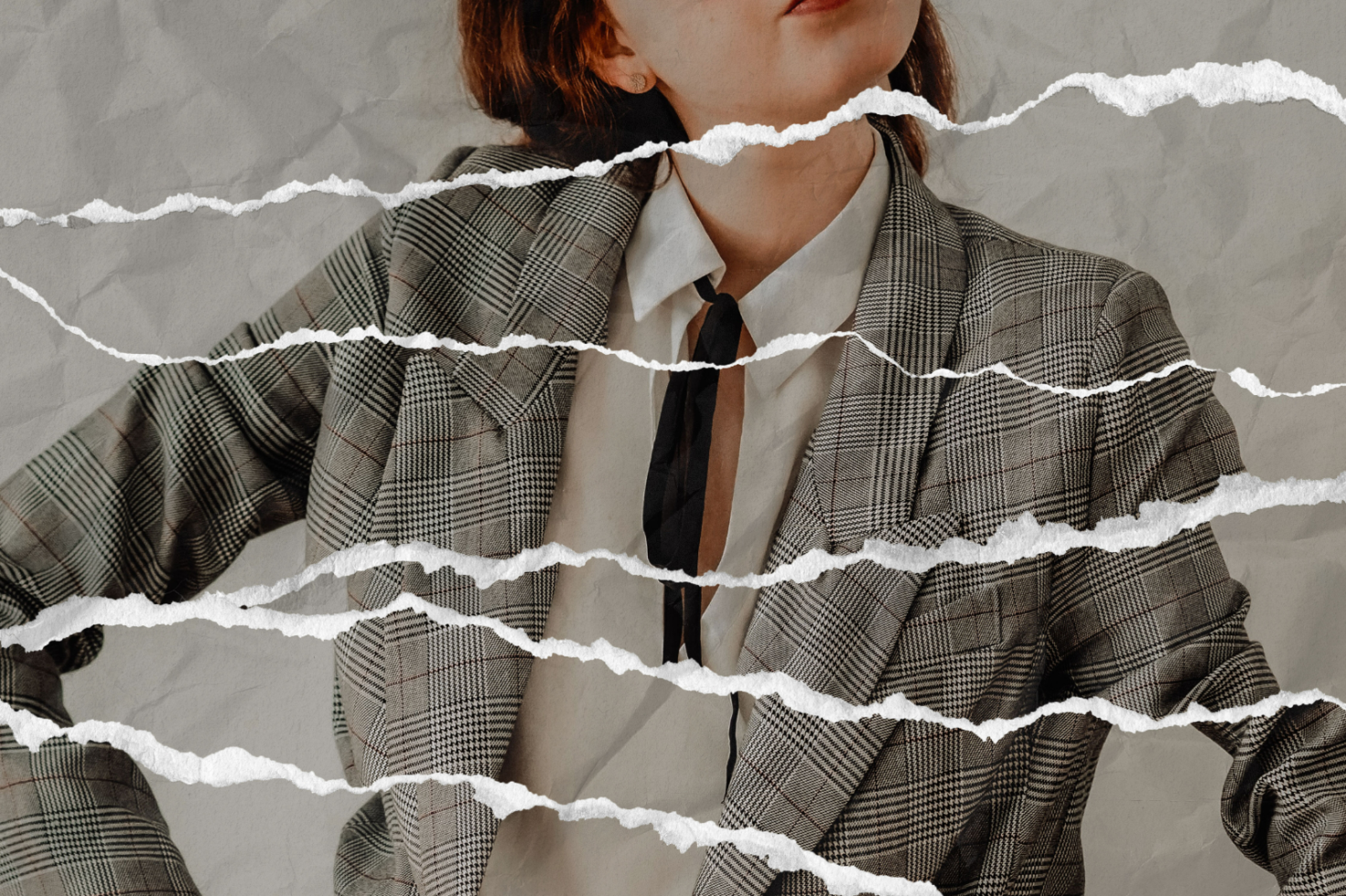 Abstract torn paper effect on a photo of a person in a plaid blazer and white shirt. Suitable for use in mockups, templates, graphic designs, digital assets.