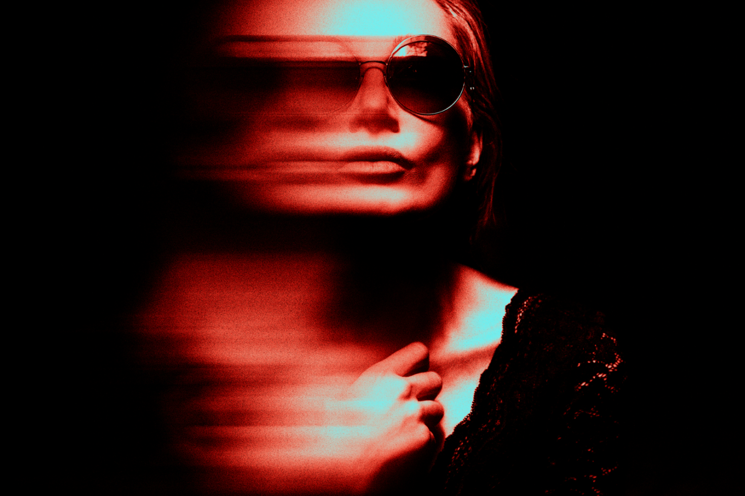 Glitch effect graphic of a woman wearing sunglasses in red lighting great for edgy graphic design projects digital art templates and creative mockups.