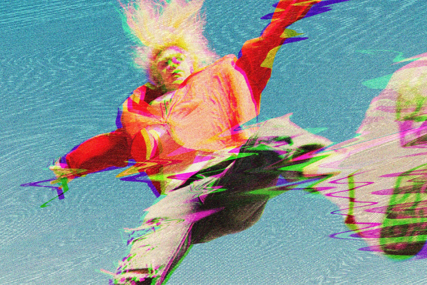 Glitch effect image of a person jumping in vibrant colors. Perfect for graphic design, digital assets, mockups, and templates. High resolution for designers.