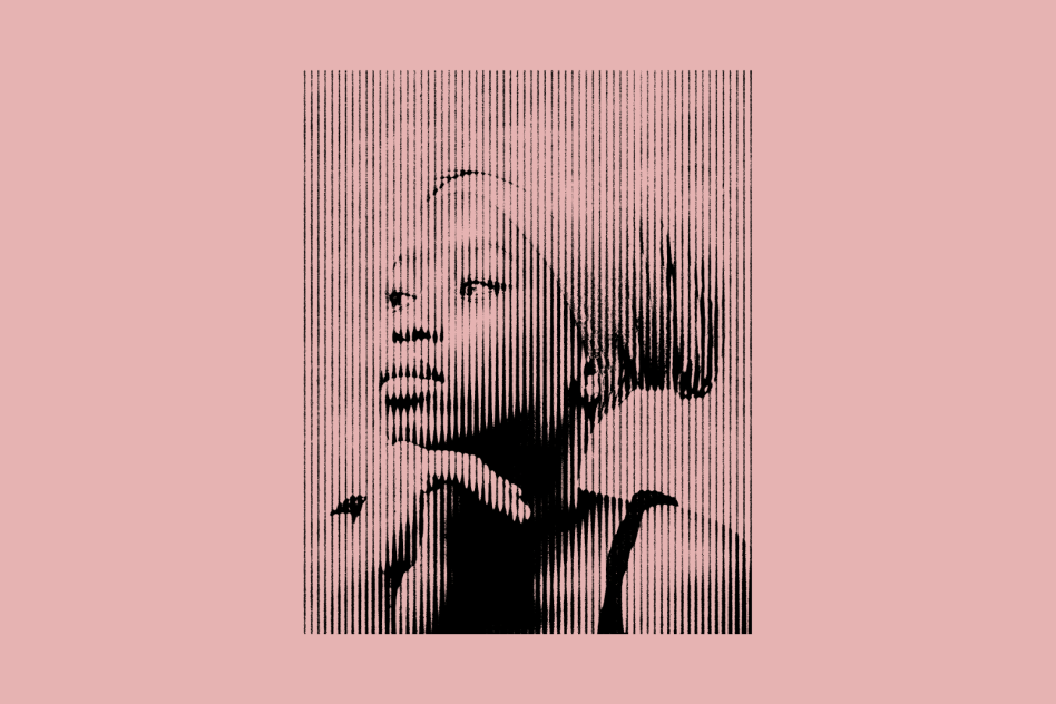 Halftone portrait of a woman with a headscarf and hand under chin on a pink background. Ideal for graphic design, templates, and artistic mockups.