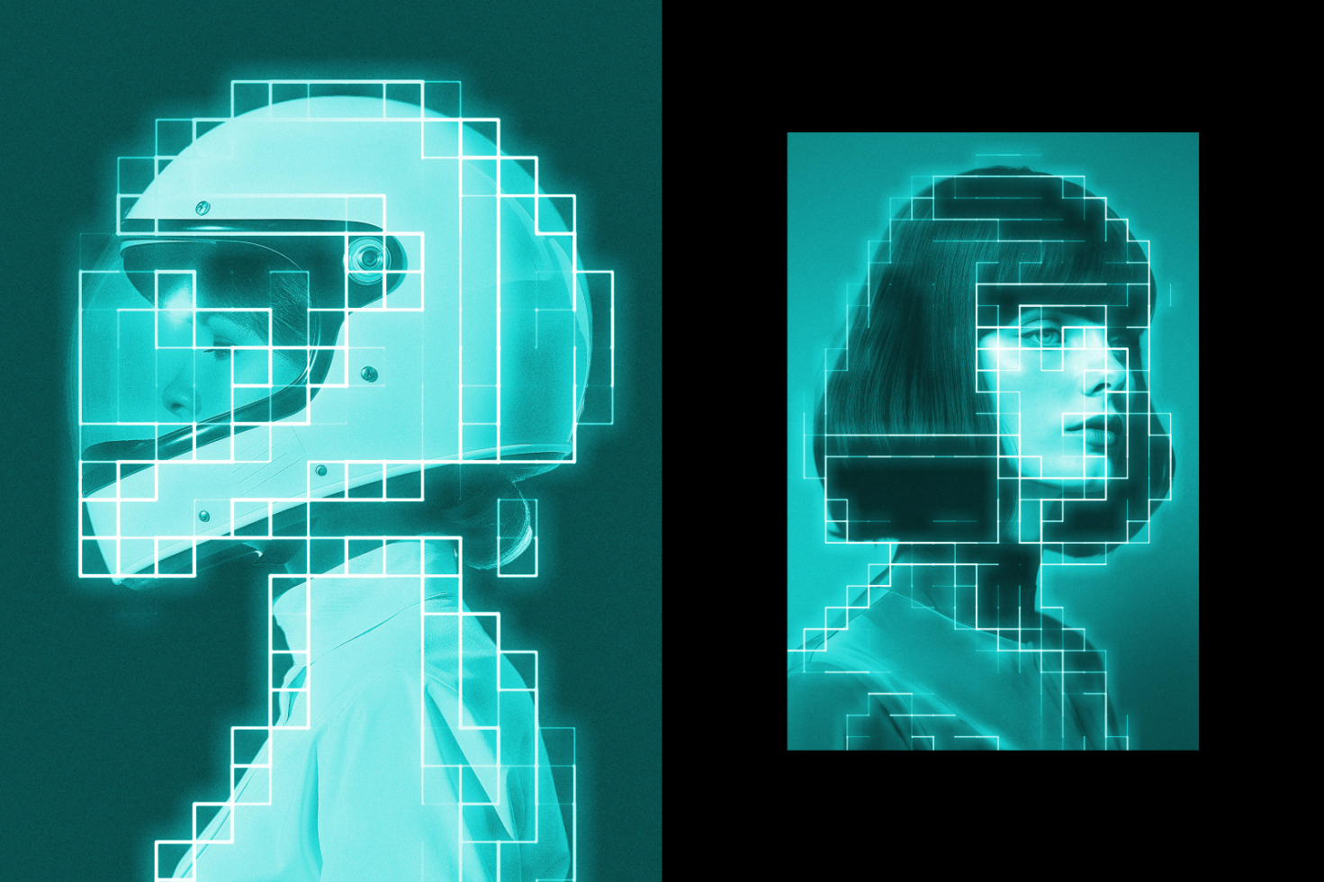 Digital artwork featuring a futuristic helmet-wearing figure and a woman with geometric grid overlay. Ideal for graphic design, templates, and digital art projects.