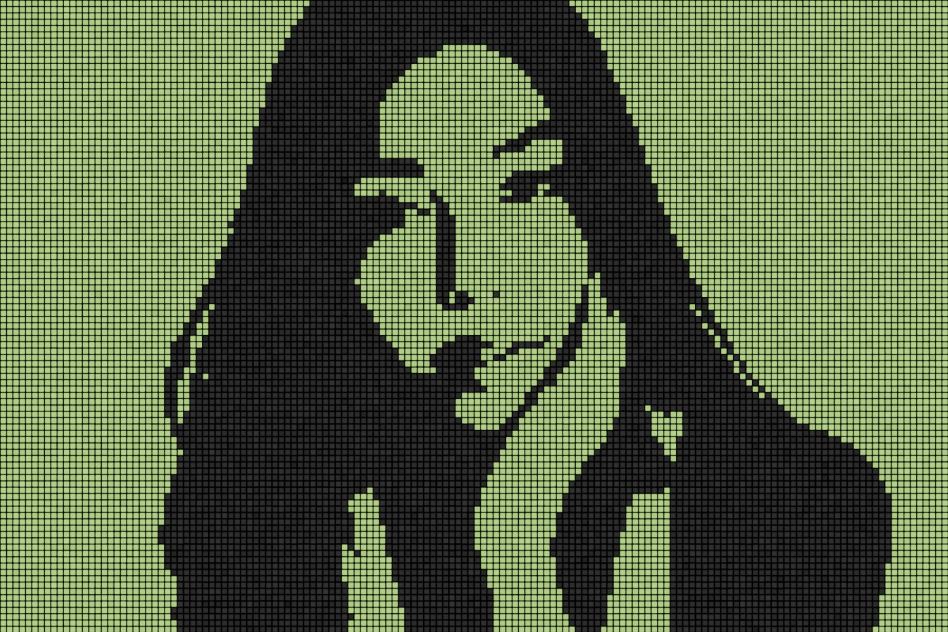 Pixel art portrait of a woman with long hair in a green and black color scheme. Perfect for graphic designers looking for unique digital assets and templates.