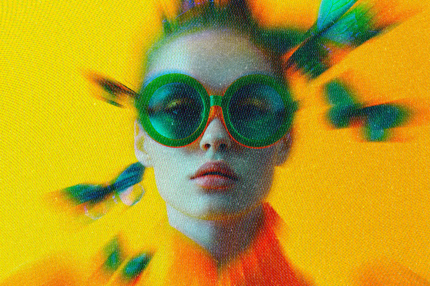 Vibrant graphic of a woman wearing green glasses with butterflies around her against a yellow background perfect for digital design assets and templates.