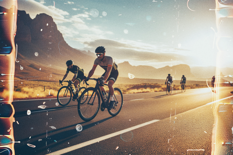 Cycling race in sunset with mountains in the background trendy vintage style photo. Ideal for sports-related mockups templates adventure graphics.