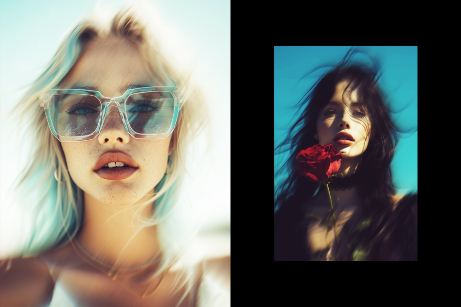 Digital asset with vibrant portraits, one of a woman in oversized sunglasses, the other of a woman holding a red rose. Perfect for designer graphics.