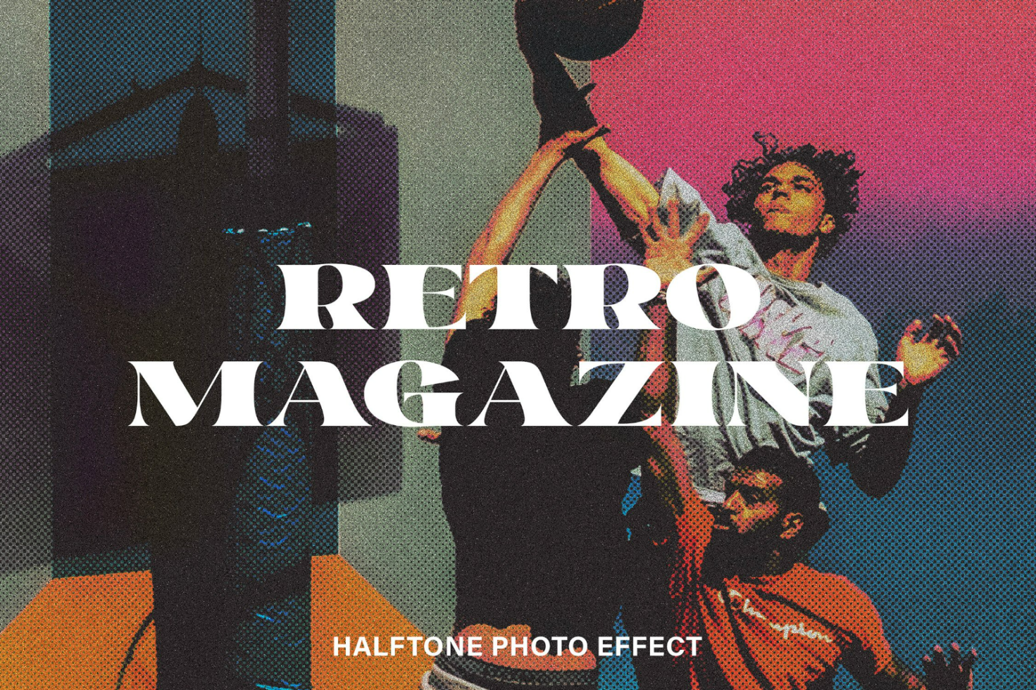 Retro magazine cover design with a halftone photo effect showcasing two basketball players jumping. Suitable for mockups and graphic templates.