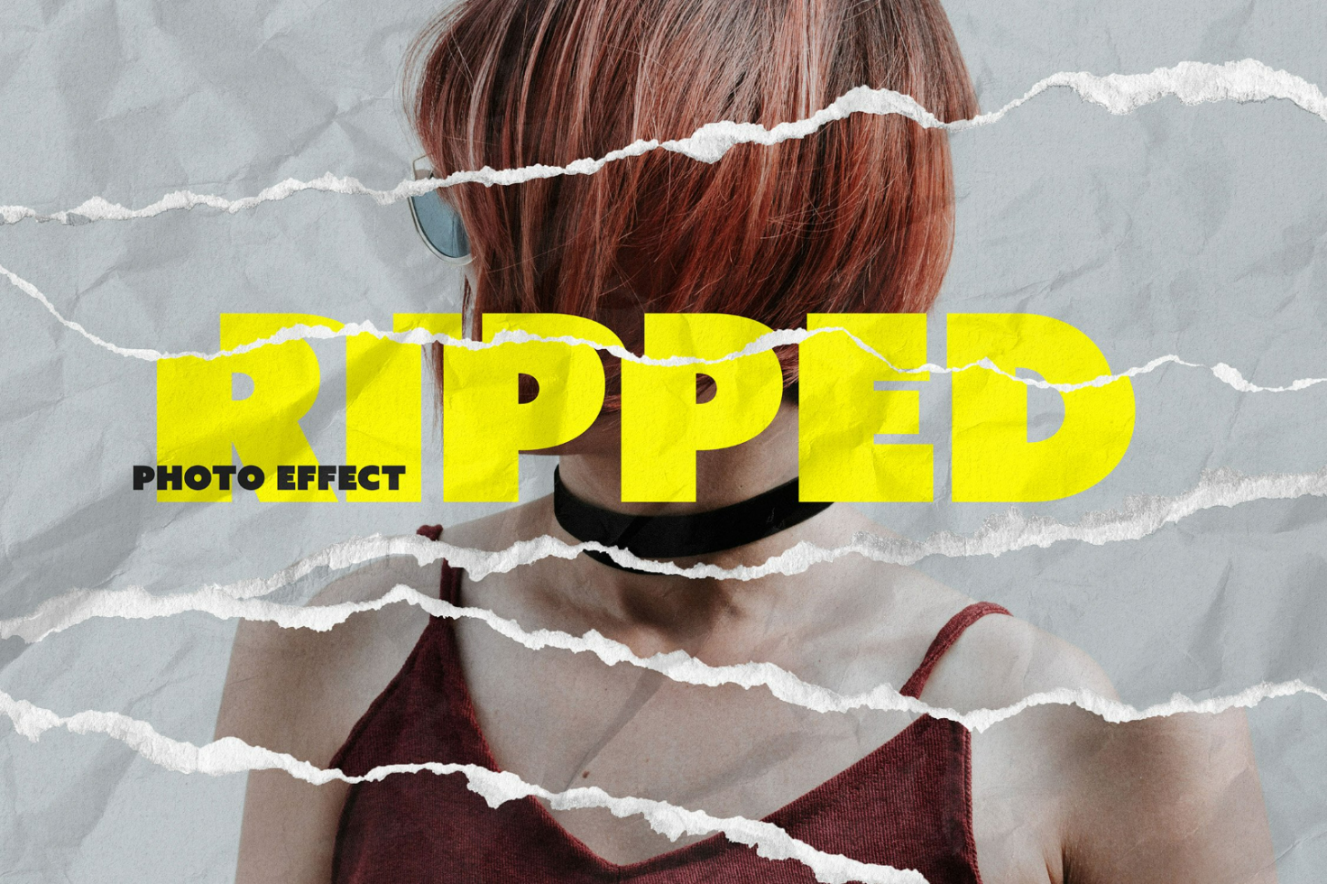 Ripped photo effect mockup featuring torn paper overlays and bold yellow text perfect for graphic design templates and unique artistic presentations.