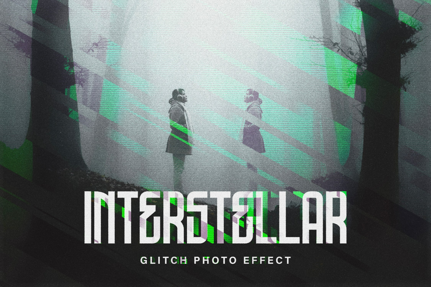 Interstellar glitch photo effect mockup featuring two people in a foggy forest with abstract green lines and digital distortion. Perfect for graphic design projects.