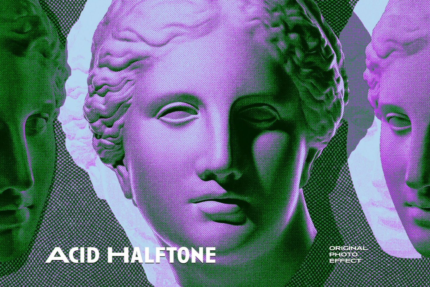 Acid Halftone effect with a classical statue head in vibrant green and purple color scheme. Ideal for designers. Keywords: mockups, graphics, templates.